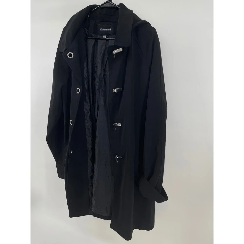 London Fog Womens Black Hooded Trench Coat Silver Toggle Closure XL RN121545